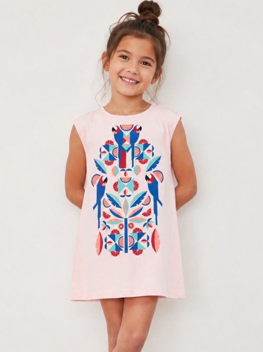 Tea Collection Shift Dress Cotton Tropical Macaw Graphic 4 Girls Pink